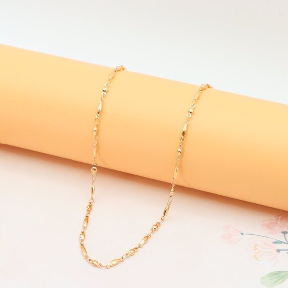 Rose Gold Plated Brass Necklace with Oval & Bead Link, XPNL0281 - Picture 5 of 12